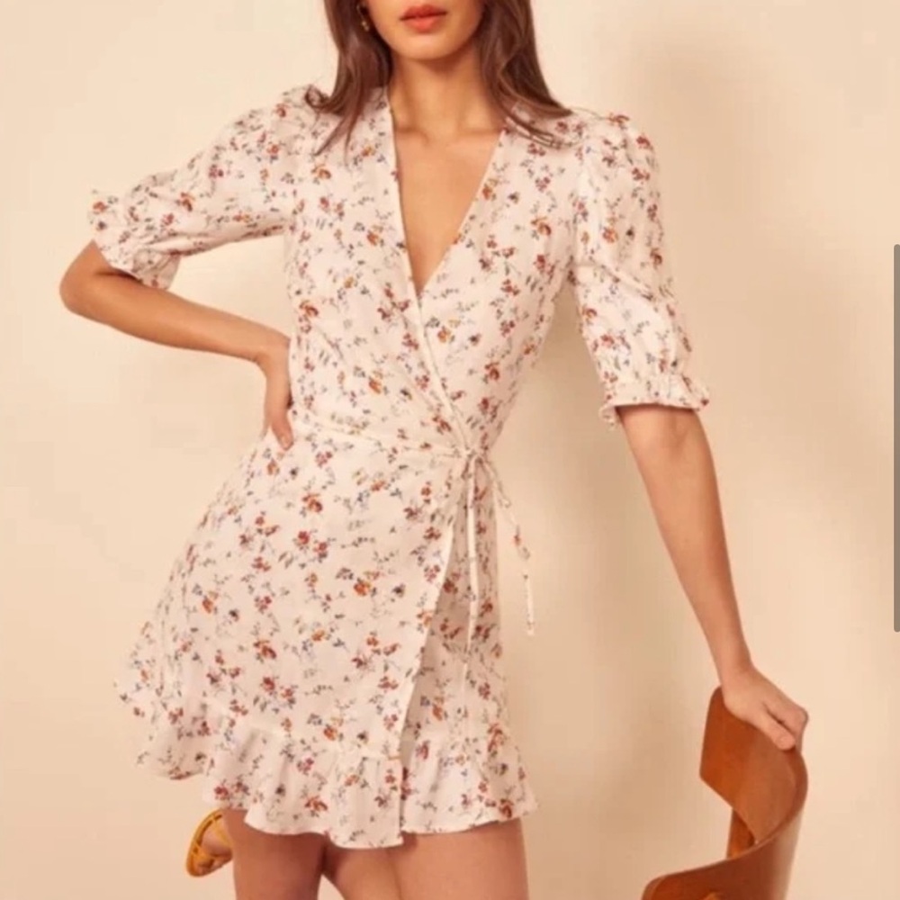 REFORMATION Carmelo Gabrielle 100% Linen White Floral Wrap Dress-size L